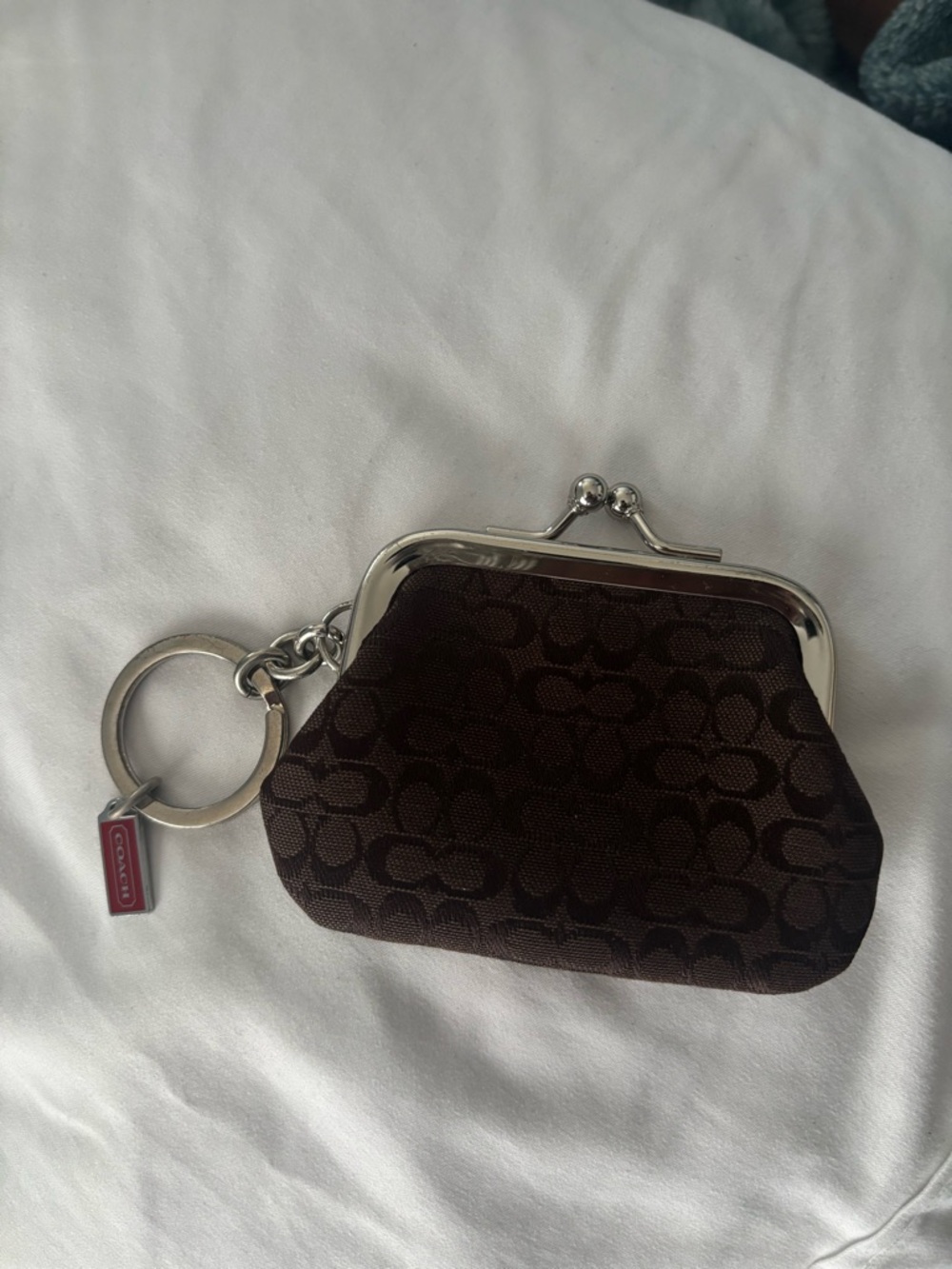 Coach Dark Brown Signature Kiss-Lock Coin Pouch Keyring